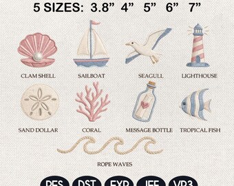 Coastal Mini Embroidery Bundle, Seashell Sailboat Lighthouse Fish Beach Machine Embroidery Design, Digital Download