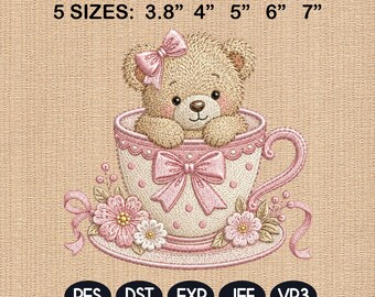Teddy Bear Teacup Embroidery File, Cute Pink Tea Cup Bear Machine Embroidery Design, Baby Girl Nursery