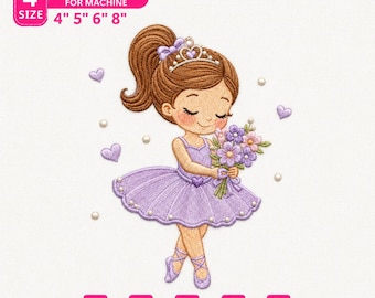 Archivo de bordado Princesa de ballet, Pequeña bailarina con flores, Diseño de bordado a máquina de danza para niñas