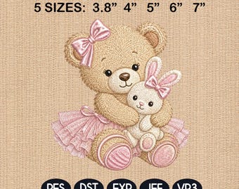 Teddy Bear Bunny Hug Embroidery File, Cute Baby Girl Machine Embroidery Design, Nursery Bear Pattern