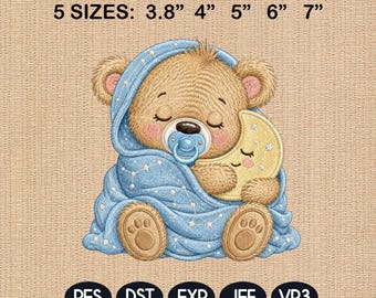 Sleeping Baby Bear Embroidery File, Teddy Bear Moon Machine Embroidery Design, Nursery Blanket Pattern