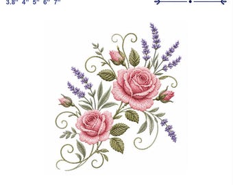 Machine Embroidery Pink Roses with Lavender, Floral Hoop Art, Instant Download DST PES JEF VP3, Decorative Flower Design