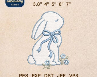 Minimal Bunny Embroidery Design, Blue Bow Rabbit with Flowers Machine File, Easter Summer Download