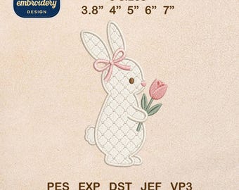 Quilted Bunny Embroidery File, Easter Rabbit with Tulip Machine Design, Spring Summer Stitch Digital Download