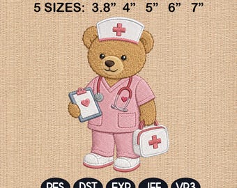Nurse Teddy Bear Embroidery File, Medical Bear Machine Design, Healthcare Job Embroidery Pattern