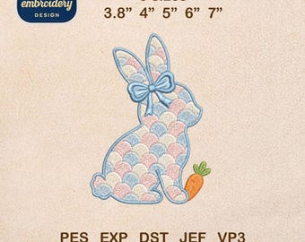 Pastel Bunny Embroidery File, Easter Rabbit with Bow and Carrot Machine Design, Spring Download