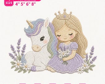 Princess And Unicorn Embroidery File, Magical Girl Stitch Design, Nursery Machine Embroidery