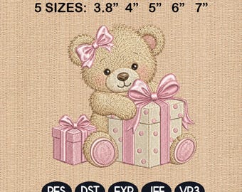 Teddy Bear Gift Box Embroidery File, Cute Birthday Bear Machine Embroidery Design, Baby Girl Pattern