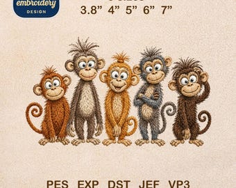 Funny Monkey Embroidery File, Cute Cartoon Monkey Machine Embroidery Design, Jungle Animal Pattern