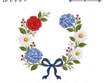Patrón de bordado de corona floral para el Día de la Independencia – 5 tamaños – Bordado digital a máquina – Decoración navideña de EE. UU.