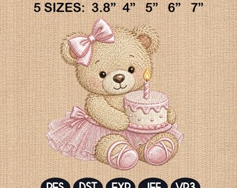 Birthday Teddy Bear Embroidery File, Pink Cake Bear Machine Embroidery Design, Baby Girl Nursery Stitch