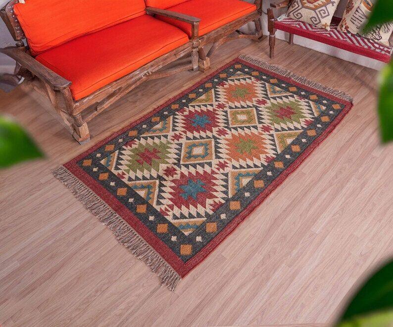 Handmade Wool Jute Area Rug, Boho Tribal Rug, Geometric Persian Style ...
