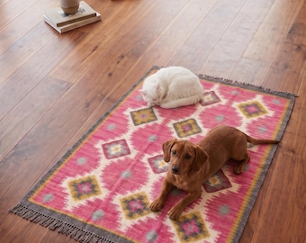 Handmade Kilim Rug Pink | Boho Area Rug | Geometric Tribal Carpet | Living Room Rug | Handwoven Style Floor Rug | Bedroom Decor |