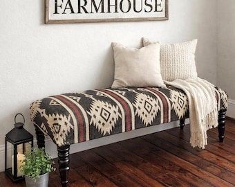 Bohemian Kilim Bench with Matching Ottoman Cushion - Colorful Handwoven Entryway Seating - Vibrant Round Chindi Rug Set Eclectic Home Decor