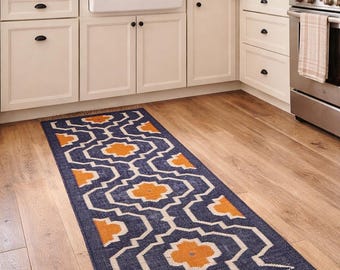 Alfombra tejida a mano de estilo escandinavo, kilim geométrico de lana, alfombra minimalista nórdica, alfombra con estampado azul y crema con flecos, decoración bohemia para sala de estar.