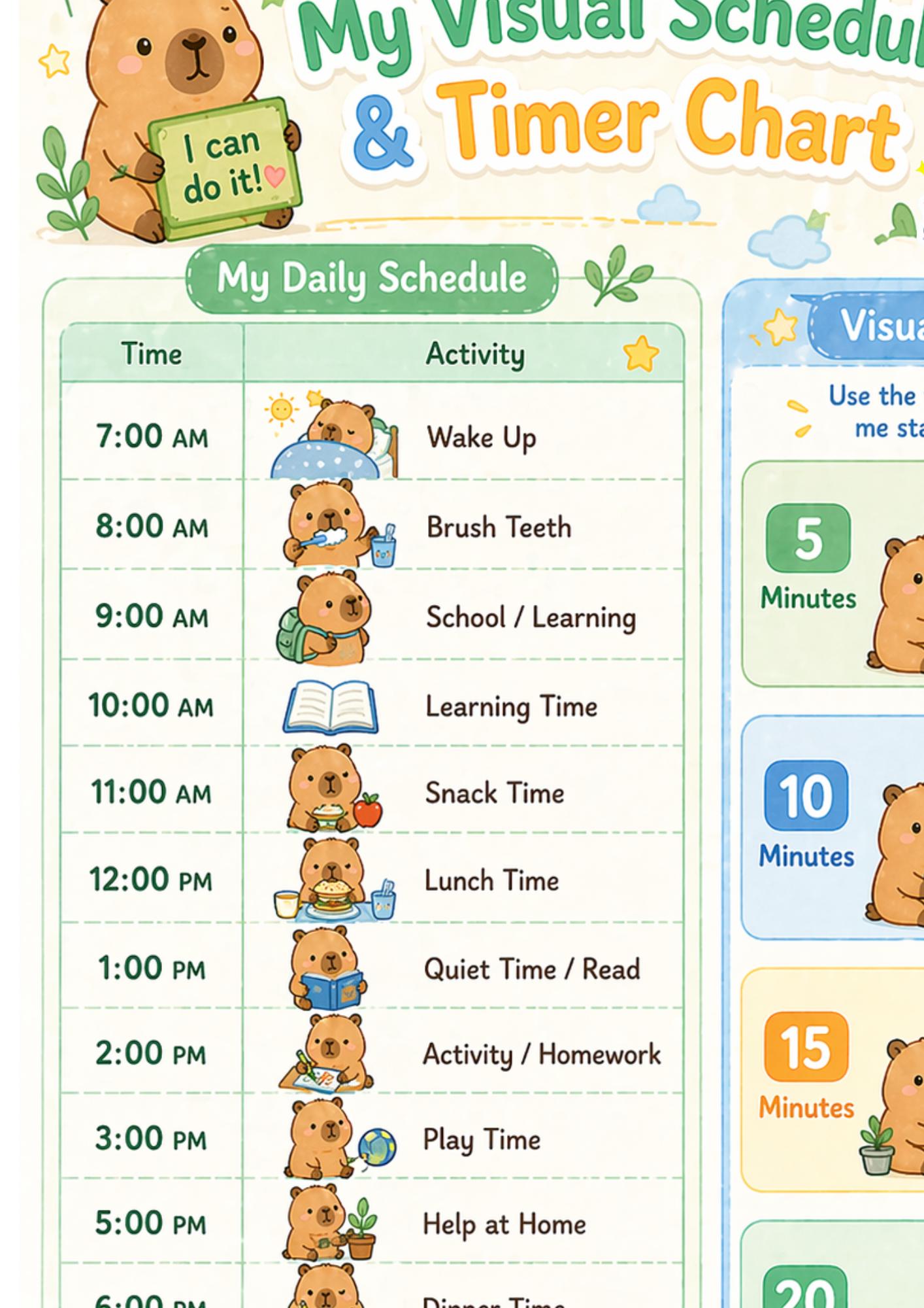 ADHD Visual Timer & Daily Schedule Chart: Capybara Theme (PDF Download ...