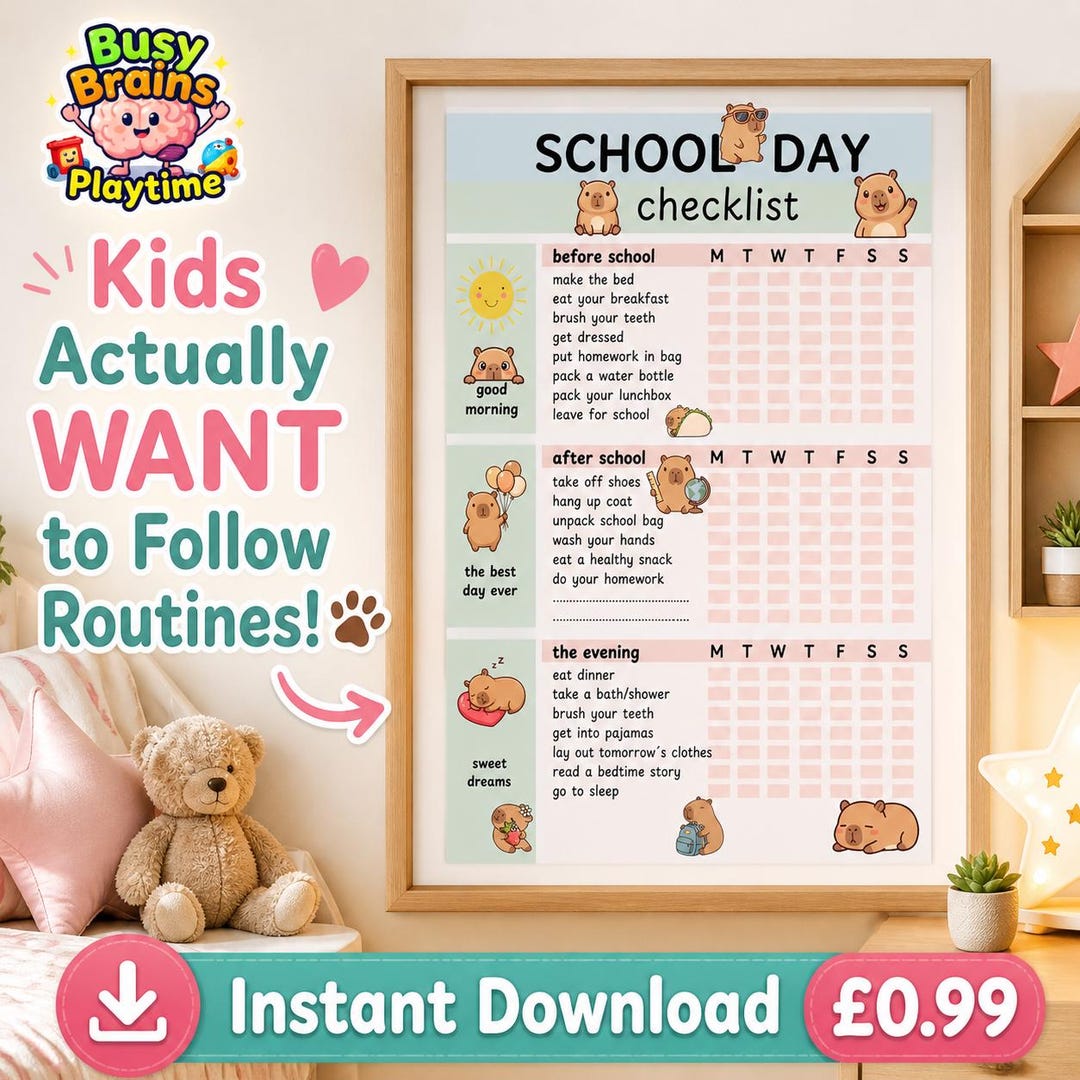 Kids School Day Checklist Printable | Morning Routine Chart | Capybara ...