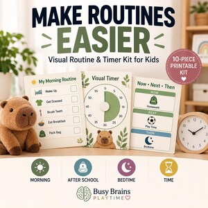 Może przedstawiać: Zestaw wizualnych rutyn i minutników dla dzieci z trzema kartami z napisami My Morning Routine, Visual Timer oraz Now-Next-Then. Zestaw zawiera pluszową kapibarę, okrągły zegar analogowy oraz cztery okrągłe ikony dla poranka, popołudnia, pory snu i czasu.