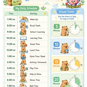 May include: A colorful visual schedule and timer chart for children, featuring a bear character. The chart includes a daily schedule with activities like wake up, school, and playtime. It also has visual timers for 5, 10, 15, and 20 minutes.