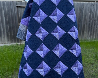 Handmade Purple Blue Quilt | 50x58 Lap Quilt | Irish Chain Diamond Quilt | Navy Lavender Gray Throw Quilt