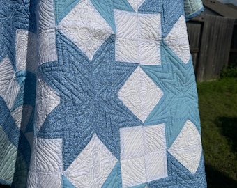 Handmade Blue Star Quilt, 42x55 Inch Lap Throw, Cream Eight Point Block Quilt