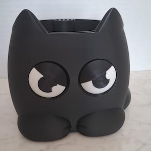 May include: A matte black planter shaped like a stylized cat with pointed ears. The front features two large, circular eyes with white pupils and black irises, along with two rounded paws at the base. The top is open, revealing a hollow interior.