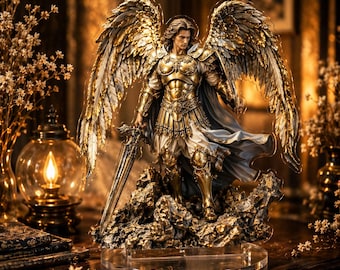 Figura de arcángel dorado, estatua de ángel guardián, decoración celestial, escultura detallada.