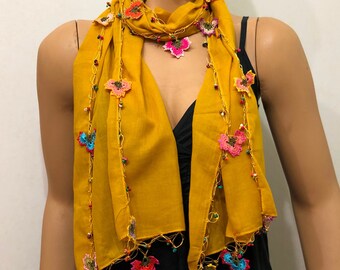 Crocheted Mustard Yellow scarf with handmade multi color oya flowers - Beaded Scarf - Crochet Beaded Scarf