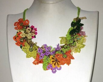 Beaded Crochet Necklace  - Crochet OYA Lace Necklace - Mixed Flower Bouquet Necklace - Hand crafted Necklace - Fiber Art