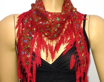 Red scarf with purple green yellow flowers printed and red lace fringe