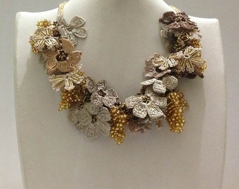 Golden Yellow,Beige and ,Brown Bouquet Necklace with Golden Grapes - Crochet OYA Lace Necklace