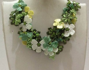 Green,Yellow and White Bouquet Necklace with Green Grapes - Crochet OYA Lace Necklace