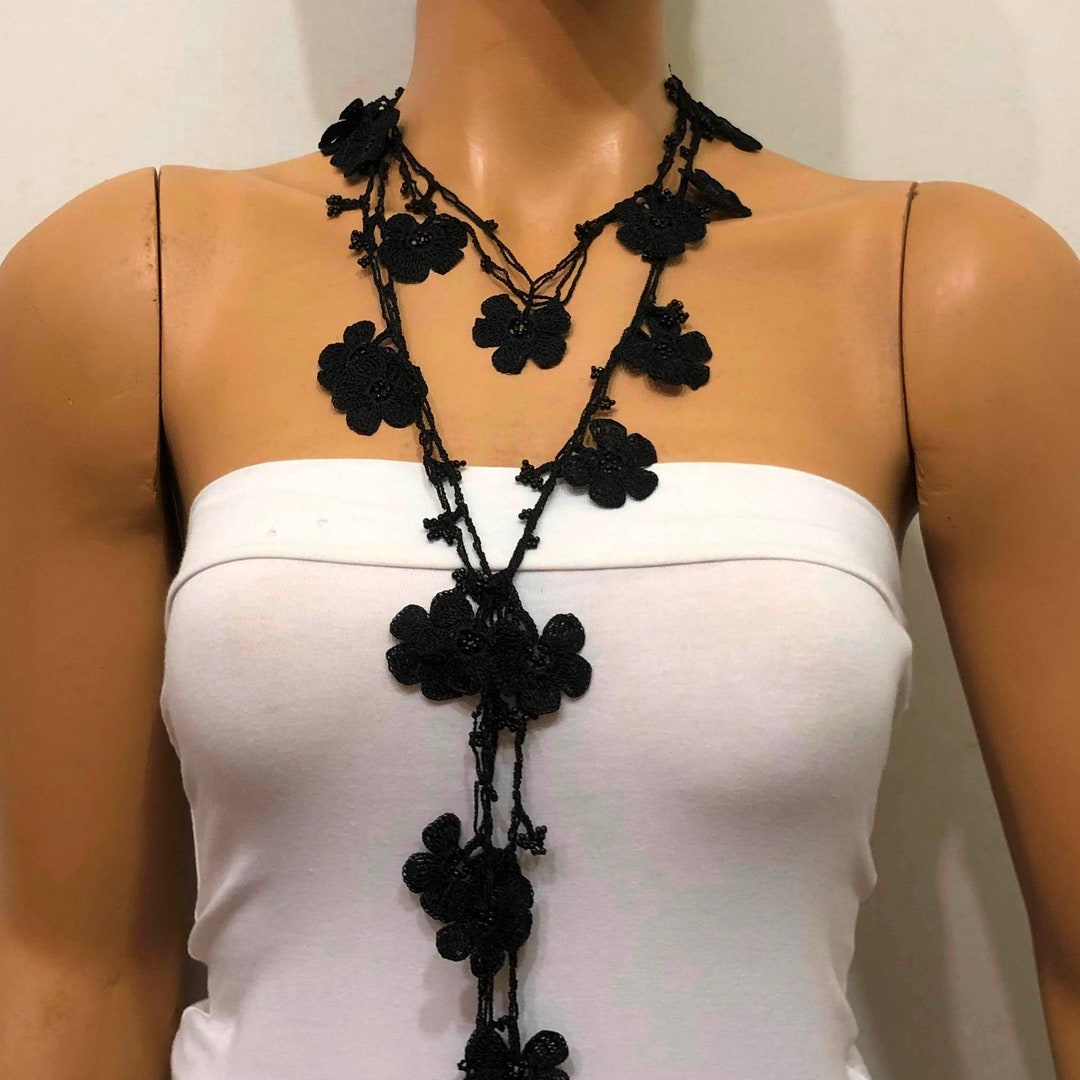 Beaded Crochet Necklace Black Beaded Lariat Double Size - Etsy