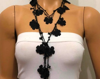 Beaded Crochet Necklace - Black beaded lariat - Double size - Crochet oya lace Necklace