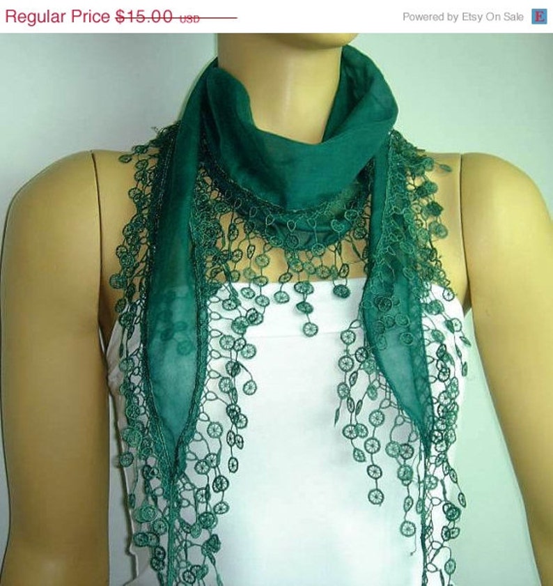 St Patricks Scarf EMERALD Green Scarf with lace fringe edge mothers day scarf image 5