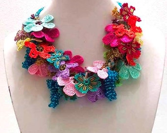 Crochet OYA Lace Necklace - Beaded Crochet Necklace - Mixed Flower Bouquet Necklace - Hand crafted Necklace - Fiber Art