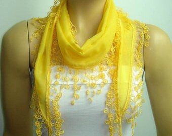 Bright Yellow cotton scarf lace fringe