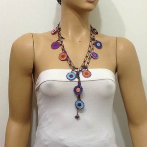 Multi-color Blue Round Crochet beaded OYA Flower lariat necklace with Brown String image 2