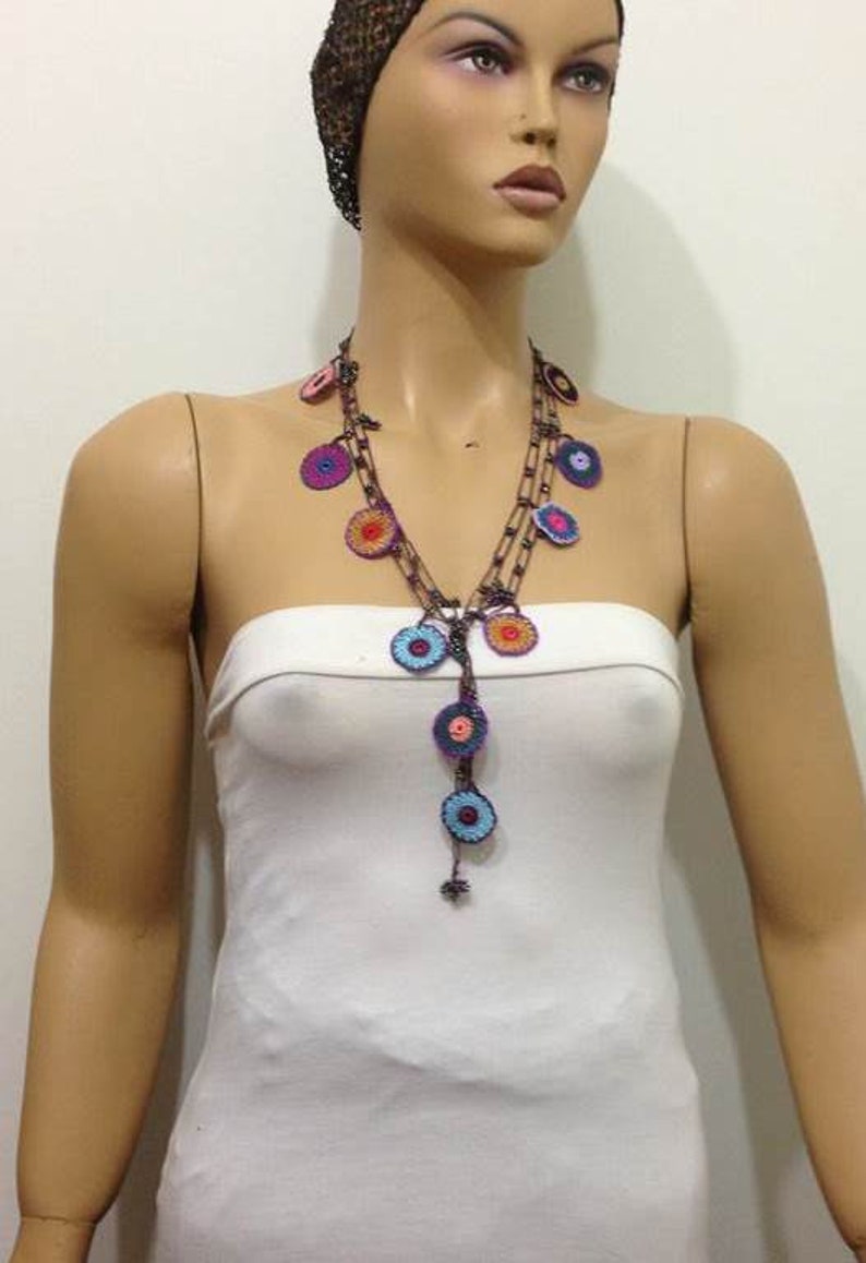 Multi-color Blue Round Crochet beaded OYA Flower lariat necklace with Brown String image 2