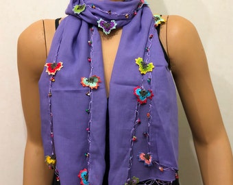 Crocheted LILAC scarf with handmade multi color oya flowers - Violet purple scarf - Beaded Scarf - Crochet Beaded Scarf