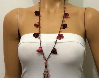 Pink and Plump Purple Crochet oya TULIP lace necklace with pink rose Quartz stones