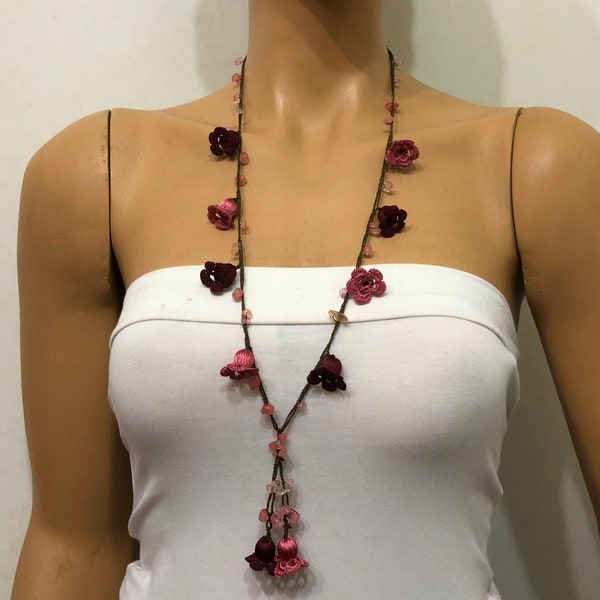 Pink and Plump Purple Crochet oya TULIP lace necklace with pink rose Quartz stones