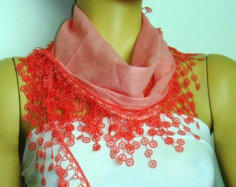 PINK triangle lace scarf coral pink lace fringed edge