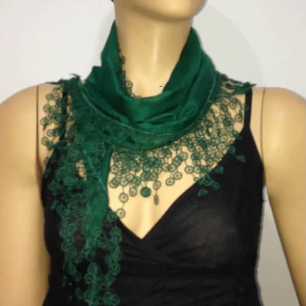 St Patricks Scarf - EMERALD Green Scarf  with  lace fringe edge - mothers day scarf