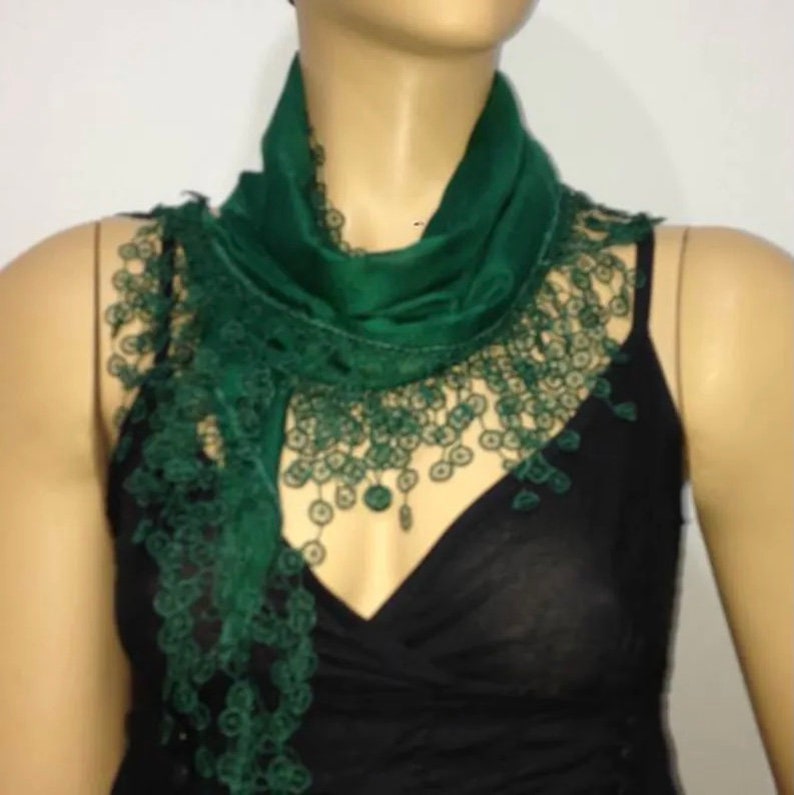 St Patricks Scarf EMERALD Green Scarf with lace fringe edge mothers day scarf image 1