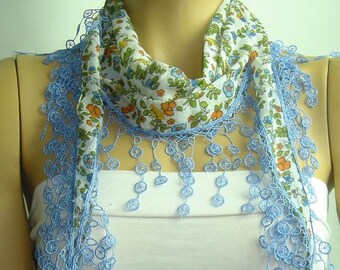 WHITE Cotton scarf with Blue and Orange flowers printed with blue fringes