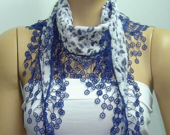 White Scarf NAVY blue flowers printed and navy lace fringe