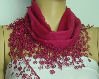 Sour Cherry Pink Cotton scarf  with lace fringe edge bridesmaid gift burgundy plum