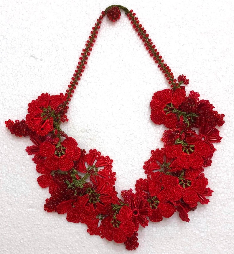 Pomegranate RED with Red Grapes Crochet OYA Lace Necklace