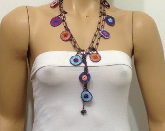Multi-color Blue Round Crochet beaded OYA Flower lariat necklace with Brown String